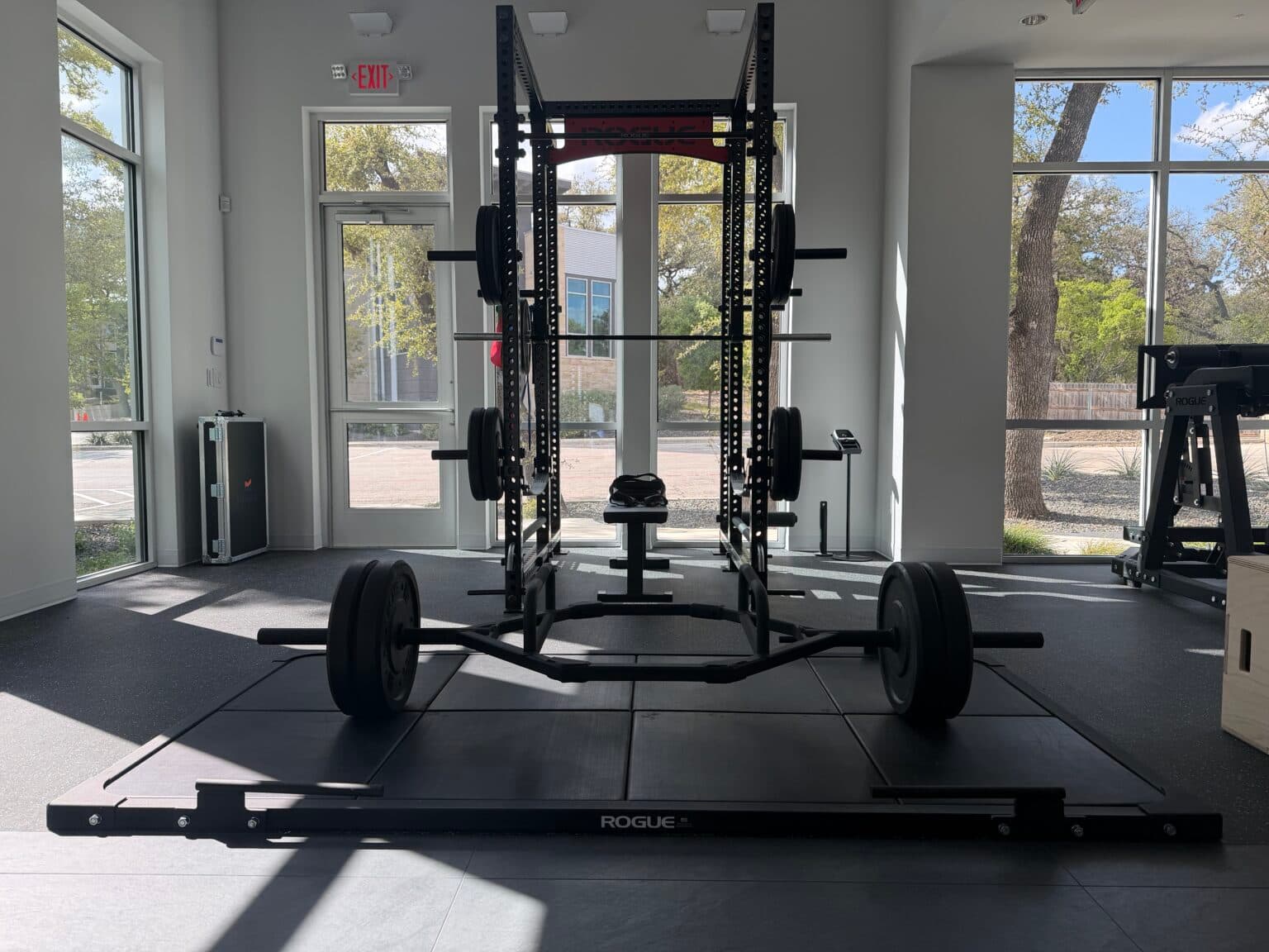 Rogue strength rack and free weights in the HYBRD training space